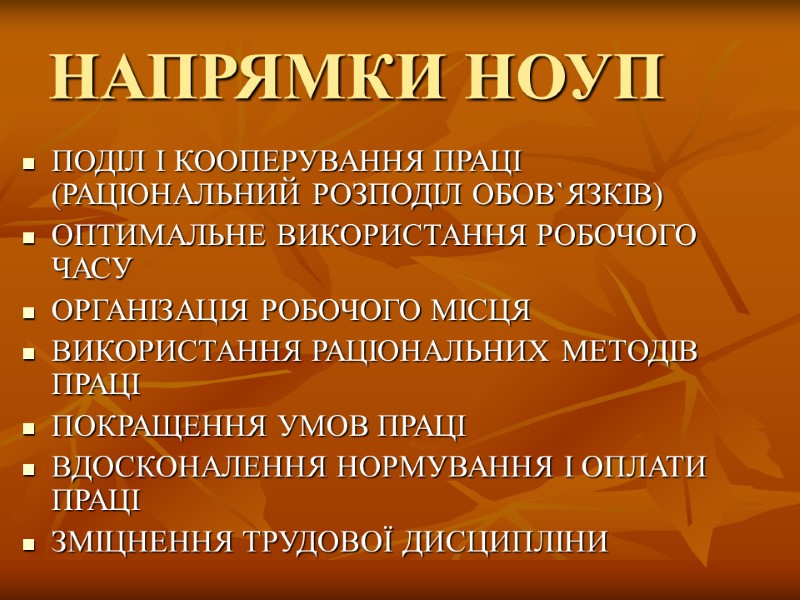 НАПРЯМКИ НОУП ПОДІЛ І КООПЕРУВАННЯ ПРАЦІ (РАЦІОНАЛЬНИЙ РОЗПОДІЛ ОБОВ`ЯЗКІВ) ОПТИМАЛЬНЕ ВИКОРИСТАННЯ РОБОЧОГО ЧАСУ 